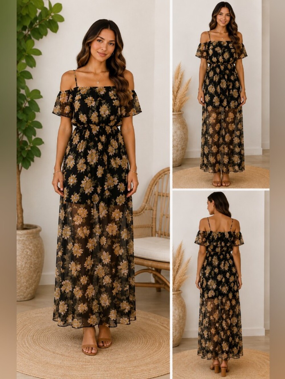 Lily White Floral Off Shoulder Maxi Dress Sheer Skirt Black Size Medium